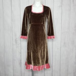 J. Peterman Brown Velvet Babydoll Dress Pink Ruffle Trim, sz 8